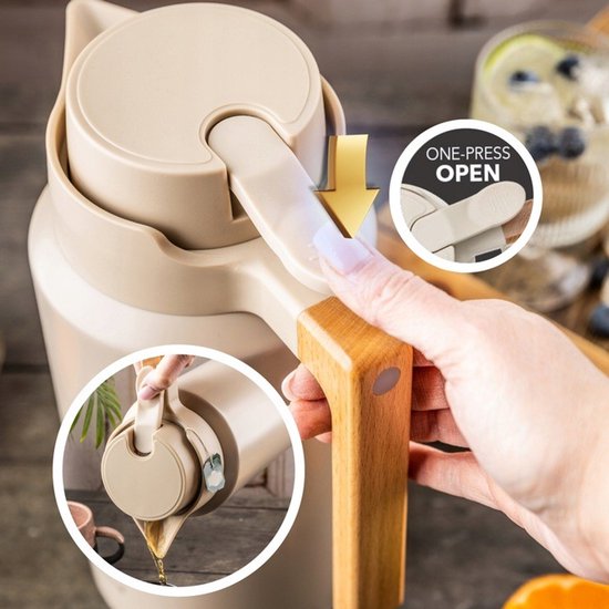 Klausberg vacuüm thermoskan 2 liter beige – RVS 304 met houten handvat – foto 4