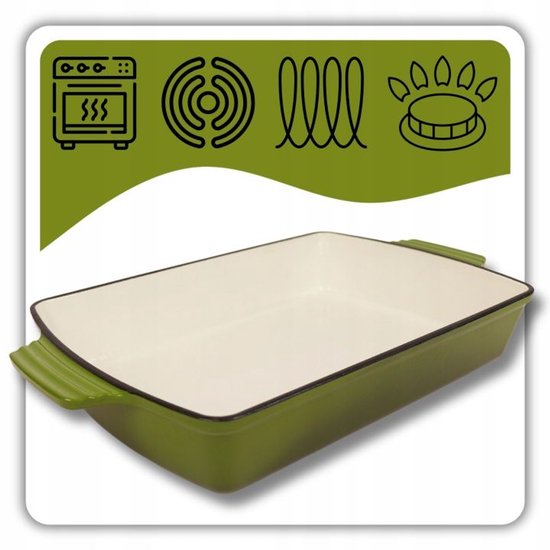 Hage - Backform - Auflaufform - Gusseiserne Auflaufform - Emaillierter Bräter mit Griffen - Geeignet für Induktion, Backofen & alle Herdarten - 3,5 Liter - 32 x 23,5 cm - Olivgrün