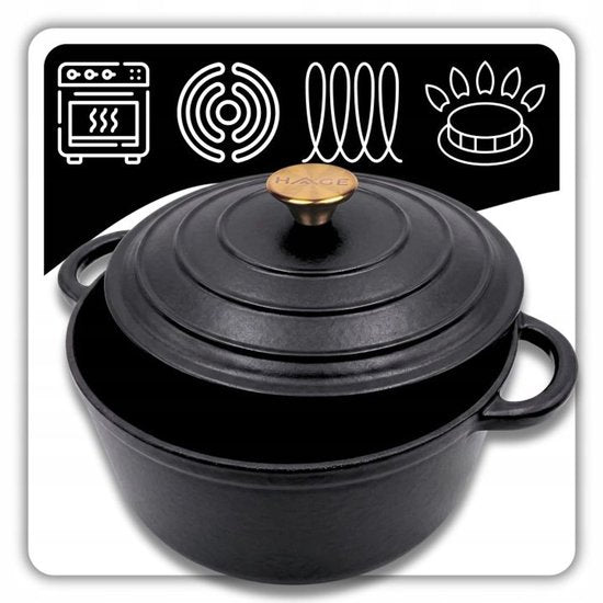 Hage Gietijzeren Braadpan met Deksel – 3 L – Ø22 cm – Mat Zwart