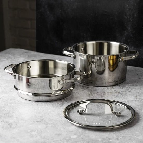 Vcasa 3-delige stoompan met stoominzet en afgietdeksel, Ø20 cm, 3,4 L, rvs