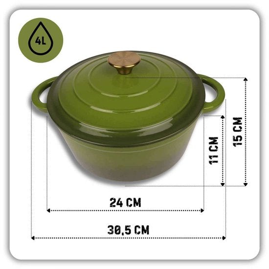Hage - Kochtopf - Gusseisentopf mit Deckel - Emailliert - Induktions- & Ofengeeignet - Inklusive Mini-Ofenhandschuhen & Untersetzer - Zum Braten, Schmoren, für Suppen & Brot - 4 Liter - Ø24 cm - Olivgrün