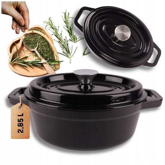 Hage - Gietijzeren Braadpan - Braadpan - Cast Iron Casserole met Deksel - Geëmailleerd - Geschikt voor Inductie & Oven - 2. 85 Liter - 25,5 x 19,5 x 12,5 cm - Zwart