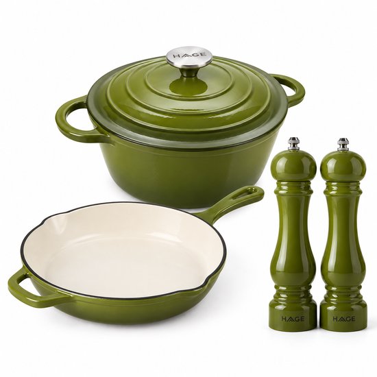 Hage - Gusseisen Kochset 4-teilig - Schmortopf 5L 26 cm mit Deckel & Bratpfanne 20 cm - 2 Salz- und Pfeffermühlen 100 ml - Emailliert - Induktion, Gas & Backofen - Keramikmahlwerk - Olivgrün