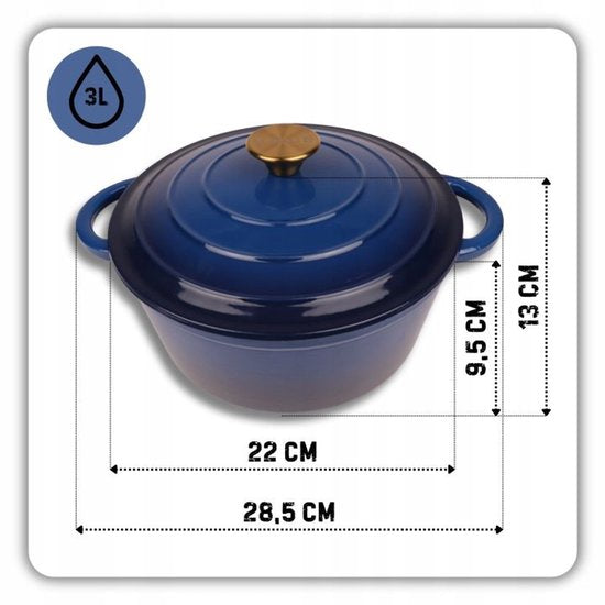 Hage - Dutch Oven - Enameled Cast Iron Casserole - Casserole - Suitable for Induction, Gas & Oven - Includes Trivet & Handle Protectors - 3 Liters - Ø22 x 9.5 cm - Blue