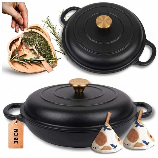 Hage Lage Gietijzeren Braadpan met Deksel – 3 L – Mat Zwart