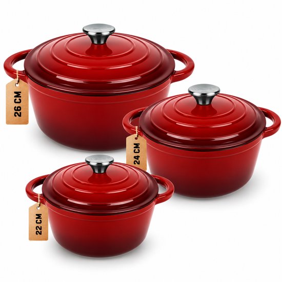 Hage - 3-Piece Roasting Pan Set - Cast Iron Pan Set - Casserole Set - 3L, 4L and 5L with Lid - Enamelled Cooking Pots - Ø22, Ø24 and Ø26 cm - Induction - Oven - Heat Retention - Red