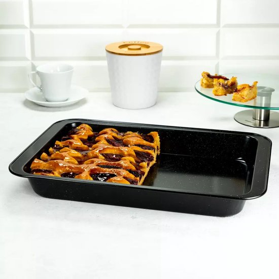 KINGHOFF Marble-Look Baking Tin - Rectangular Cake Pan 42.5 x 28.5 x 5 cm - Black Non-Stick Coating - Oven Safe