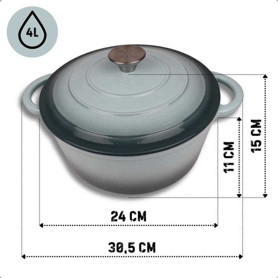 Hage - Kochtopf - Gusseisentopf mit Deckel - Emailliert - Für Induktion & Backofen geeignet - Inklusive Mini-Ofenhandschuhen & Untersetzer - Zum Braten, Schmoren, für Suppen & Brot - 4 Liter - Ø24 cm - Mintgrün