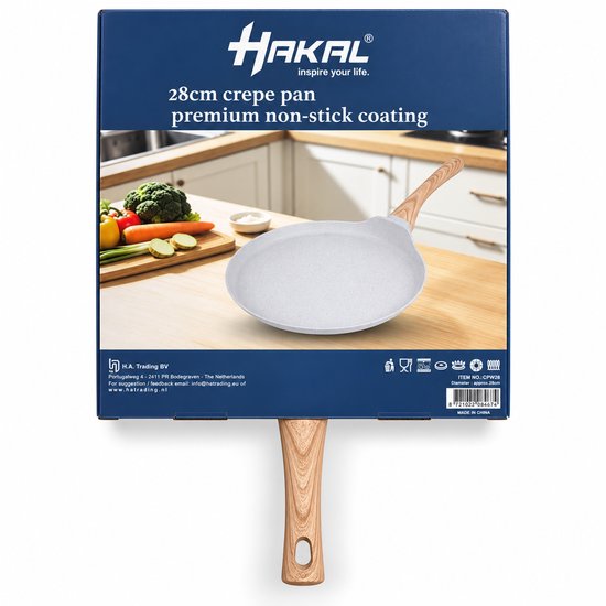Hakal Crêpepfanne 28 cm – Pfannkuchenpfanne mit niedrigem Rand – Premium-Antihaftbeschichtung – Creme – Holzoptik-Griff