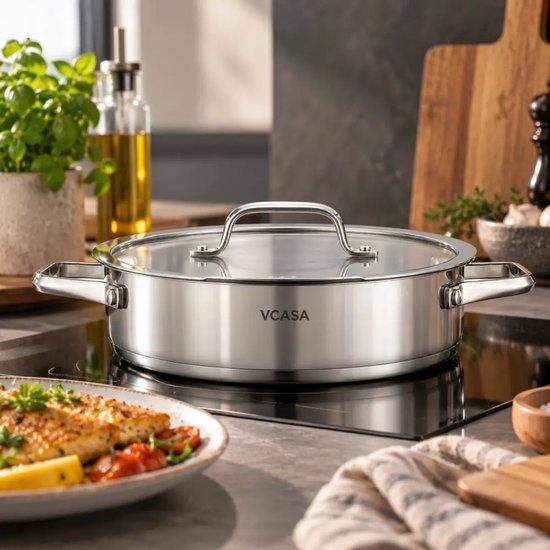 Lage braadpan met deksel 24 cm, 2,9 liter, 304 rvs met maataanduiding