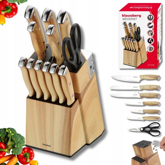 Klausberg - Knife Set - 13-Piece - Kitchen Knife Set - 6 Steak Knives - Stainless Steel Kitchen Knives - Includes Kitchen Scissors - Kitchen Accessories with Knife Block and Sharpener - Wood Look