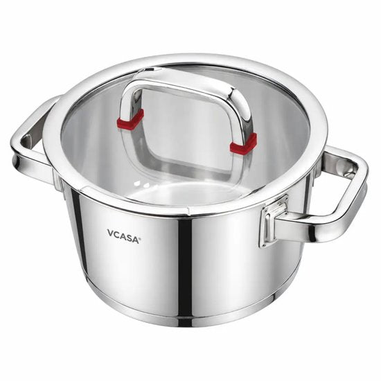 Kookpan 16 cm met glazen afgietdeksel en maatverdeling, 1,6 liter, rvs