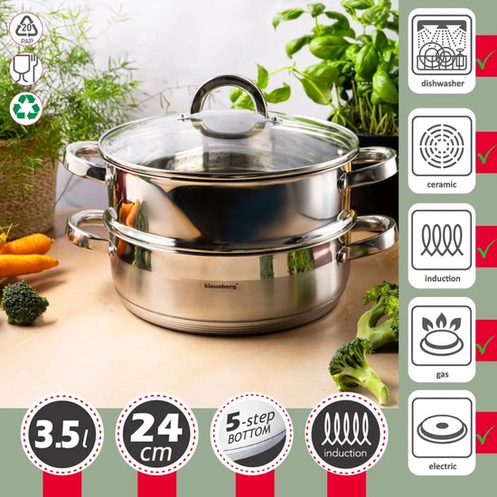 Klausberg - Stoompan - 3-delige RVS Stoomkookset - Stoominzet - Glazen Deksel - Inductie - Gas - Elektrisch - RVS - 3. 5 Liters - 24 x 8,5 cm - Zilver