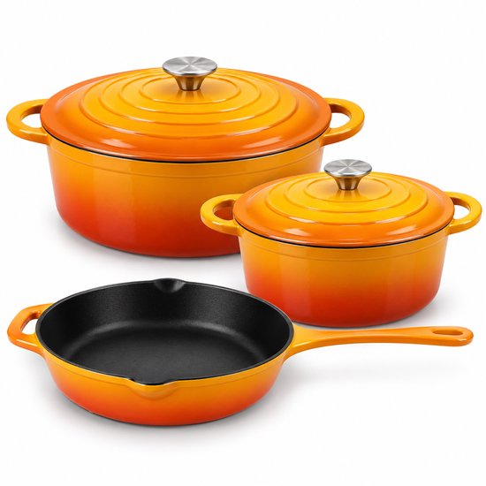 Hage - Pan Set - Kitchen Set - Cast Iron Pan Set - 3-Piece - 4 L Dutch Oven with Lid - 6 L Casserole with Lid - 26 cm Frying Pan - Enameled Cast Iron - Induction - Oven - Mustard Yellow