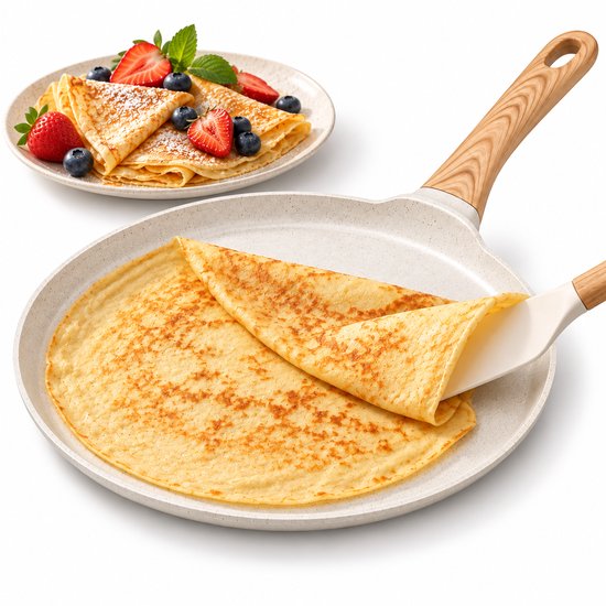 Hakal Crêpepfanne 28 cm – Pfannkuchenpfanne mit niedrigem Rand – Premium-Antihaftbeschichtung – Creme – Holzoptik-Griff