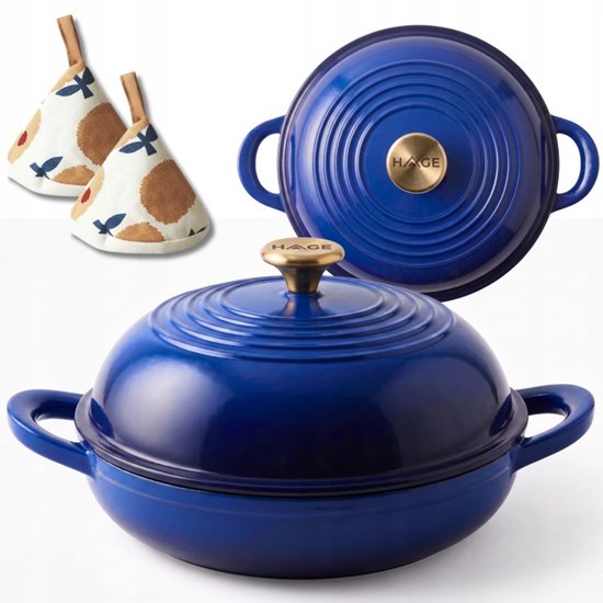 Hage - Broodbakpan - Geëmailleerde Gietijzeren Broodpan met Deksel - Voor Knapperig Brood & Ovenschotels - Geschikt voor Inductie, Gas & Oven - Inclusief Pannenhouder & Handbeschermers - 2 Liter - Ø26 x 16,5 cm - Blauw