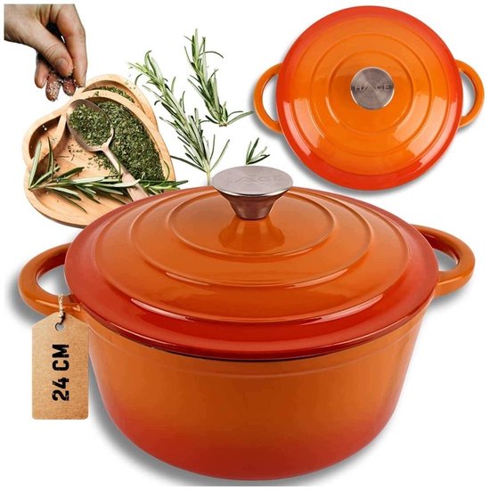 Hage - Kochtopf - Gusseisentopf mit Deckel - Emailliert - Induktions- & Ofengeeignet - Inklusive Mini-Ofenhandschuhen & Untersetzer - Zum Braten, Schmoren, für Suppen & Brot - 4 Liter - Ø24 cm - Orange