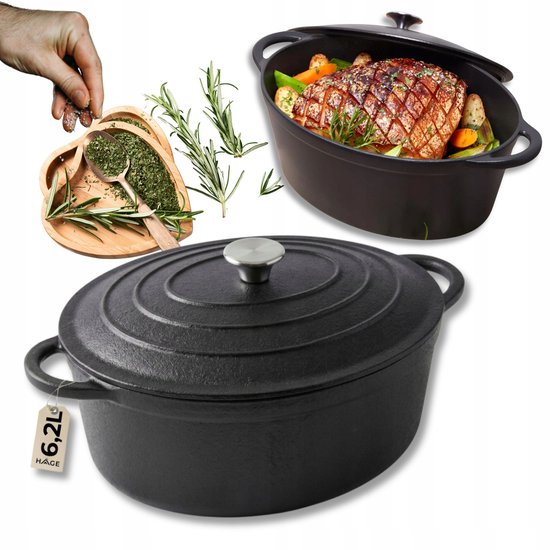 Hage - Braadpan - Gietijzeren Braadpan met Deksel - Voor Inductie, Gas, Oven, Grill en Vuur - 6. 2 Liters - 34 x 25 x 13,5 cm - Zwart