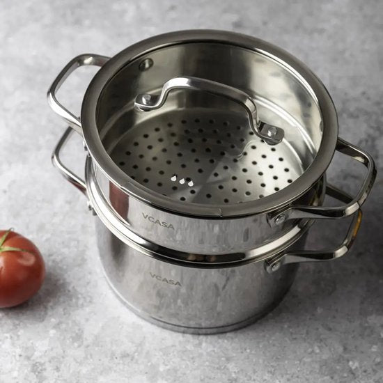 Vcasa 3-delige stoompan met stoominzet en afgietdeksel, Ø20 cm, 3,4 L, rvs