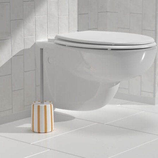 Strio Toilet Brush Tall - 39 cm Ceramic - Wheat - Toilet Brush - Standing - Ceramic - Yellow stripes - Freestanding Toilet Brush