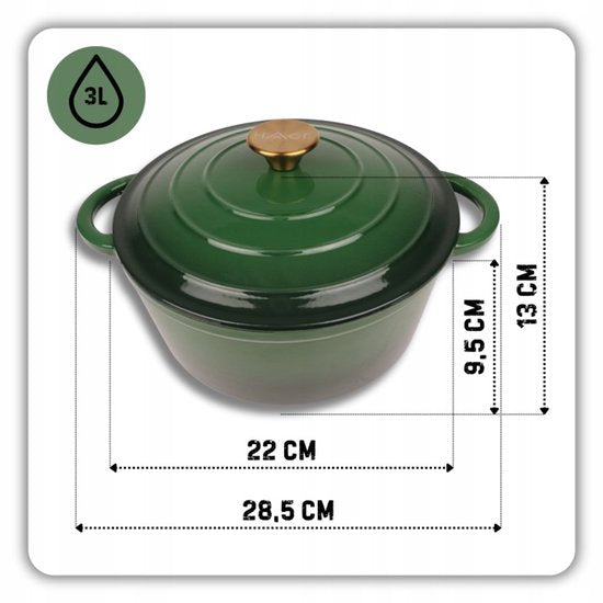 Hage - 2-Piece Kitchen Set - Cast Iron Dutch Oven 3 L with Lid - 22 cm - 2 Manual Salt and Pepper Grinders - Ceramic Grinder - Induction - Dutch Oven - Bottle Green