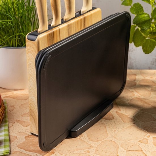 Klausberg - Ensemble de couteaux - 8 pièces - Set de couteaux de cuisine - Bloc à couteaux avec 4 couteaux en inox - 3 planches à découper - Accessoires de cuisine avec planches à découper et support - Noir et couleur naturelle