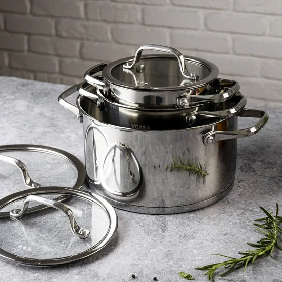 Vcasa 6-delige pannenset van rvs met glazen afgietdeksels, Ø16, Ø20 en Ø24 cm