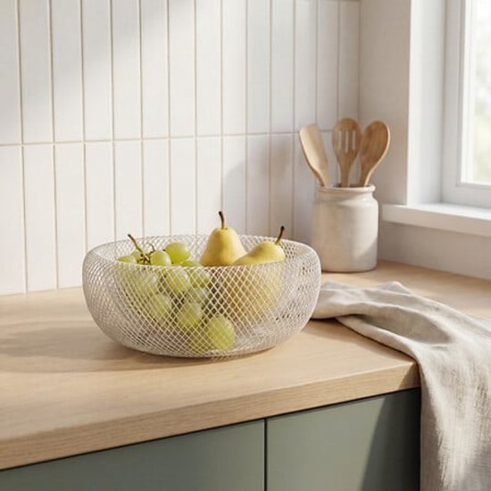 Obstkorb - Obstschale aus Metall - Dekorative Obstschale - Moderne Küchen-Obstschale - Offener Drahtkorb für Obst - Aufbewahrungskorb aus Stahl - Ø 27,7 x 12,4 cm - Beige