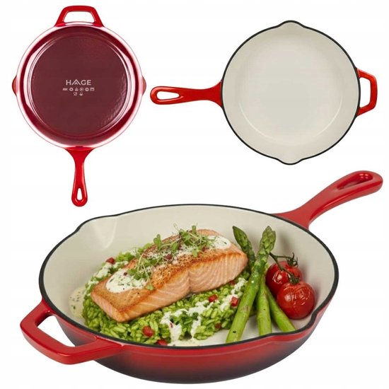 Hage - Poêle à frire - Poêle en fonte émaillée - Poêle à frire en fonte - Convient pour induction, gaz et four - Ø26 cm - Rouge