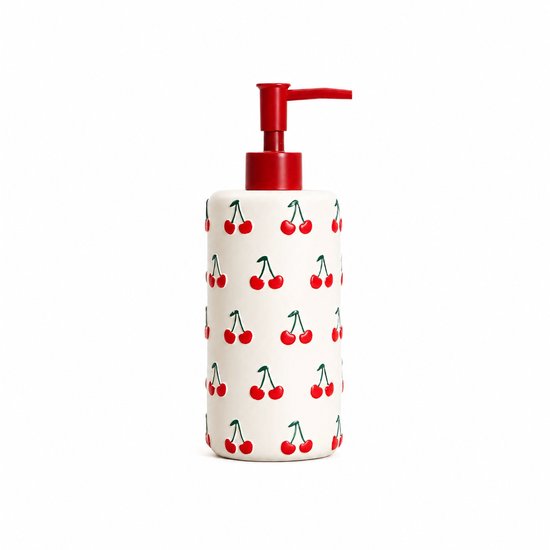 Homla - Distributeur de savon - Distributeur de savon pour les mains avec motif cerises - Accessoire de salle de bain - Distributeur de savon pour salle de bain et cuisine - 540 ml - Polyrésine - 7,8 x 21 cm - Rouge & Blanc