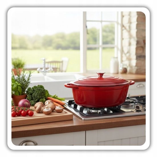 Hage - Cocotte - Cocotte en fonte émaillée avec couvercle - Compatible four et induction - Pour rôtir, mijoter et gratiner - 6 litres - 34 x 26 x 18 cm - Rouge