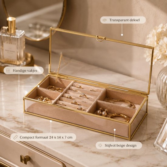 Atmosphera Schmuckkästchen Classico - 24 x 14 x 7 cm - transparent / beige - Schmuckkästchen mit Deckel - Fächereinteilung - Luxusgeschenk