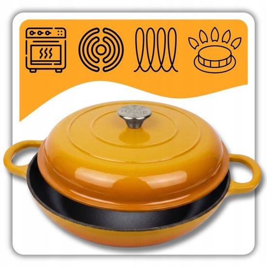 Hage - Casserole - Low Cast Iron Casserole Dish with Lid - Enamelled - Suitable for Oven & Induction - For Roasting, Stewing and Casseroles - 3 Litres - 40.5 x 30 x 10.5 cm - Mustard Yellow