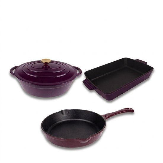 Hage - 3-Delig Gietijzeren Ovenset - 6L Braadslede met Deksel 34 cm & Bakvorm 3, 5L 32 x 23, 5 cm - Geëmailleerde Koekenpan 20 cm - Inductie, Gas & Oven - Voor Braden, Bakken & Ovenschotels - Aubergine