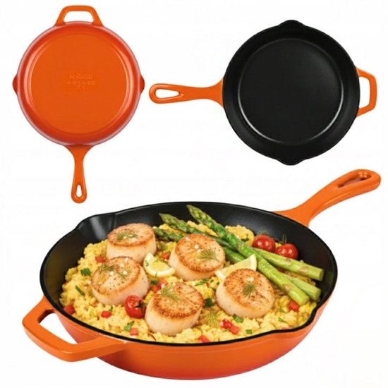Hage - Poêle en fonte - Poêle émaillée - Induction, Gaz, Électrique & Vitrocéramique - Compatible four - Répartition uniforme de la chaleur - Poêle durable pour 2-4 personnes - Ø26 cm - Orange