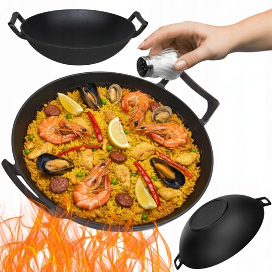 Hage gietijzeren wok 36 cm met 2 handgrepen, geschikt voor inductie en open vuur