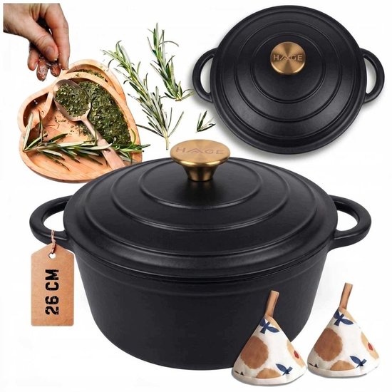 Hage gietijzeren braadpan met deksel – geëmailleerd, 5 liter, Ø 26 cm