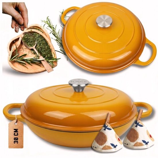 Hage - Casserole - Low Cast Iron Casserole Dish with Lid - Enamelled - Suitable for Oven & Induction - For Roasting, Stewing and Casseroles - 3 Litres - 40.5 x 30 x 10.5 cm - Mustard Yellow