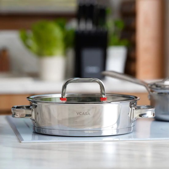 Lage braadpan 24 cm met glazen deksel, 2,7 liter, rvs, geschikt voor alle warmtebronnen