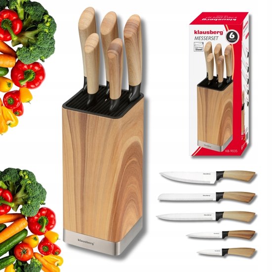 Klausberg – Messerset – 6-teilig – Küchenmesserset – 5 Edelstahl-Küchenmesser – Messerhalter – Professionelle Kochmesser – Küchenzubehör mit Messerblock – Holzoptik