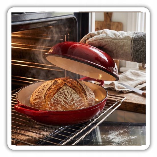 Hage - Broodbakpan - Gietijzeren Broodpan met Deksel - Geëmailleerd & Ovenbestendig - Voor Knapperig Brood, Braden & Bakken - Geschikt voor Inductie & Gas - Inclusief Pannenhouder en Handbeschermers - 2Liters - Ø26 x 16,5 cm - Rood