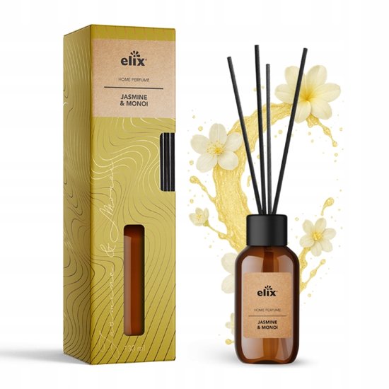Elix - Geurstokjes Diffuser - Luchtverfrisser - Interieur Parfum - Reed Diffuser - Luxe Huisgeur 45 Dagen - Elegante Woonkamer, Slaapkamer & Kantoor Geur - 125 ml - Jasmine & Monoi