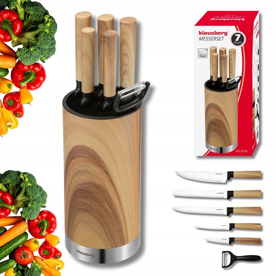 Klausberg - Knife Set - 7-Piece - Kitchen Knife Set - 5 Stainless Steel Kitchen Knives - Vegetable Peeler - Knife Block - Kitchen Accessories with Peeler and Knife Block - Natural Wood Look