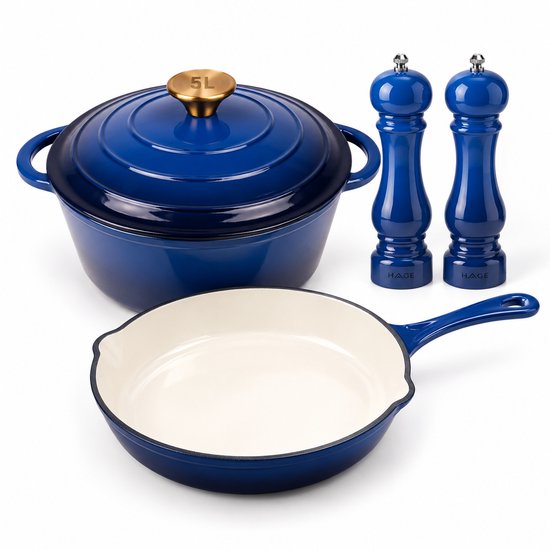 Hage - 3-Piece Kitchen Set - Cast Iron Frying Pan 20 cm & Dutch Oven 5L with Lid - 2 Manual Salt and Pepper Mills 100 ml - Enamelled - Induction, Gas & Oven - Blue