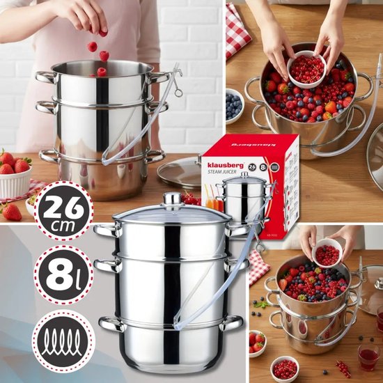 Klausberg Steam Juicer for Fruit & Vegetables - Induction Suitable - Juicer with Tube - 8L - Stainless Steel - Ø26cm - Silver