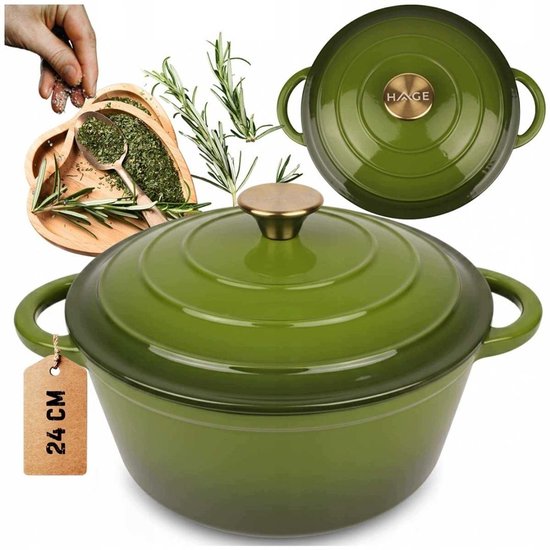 Hage - Kochtopf - Gusseisentopf mit Deckel - Emailliert - Induktions- & Ofengeeignet - Inklusive Mini-Ofenhandschuhen & Untersetzer - Zum Braten, Schmoren, für Suppen & Brot - 4 Liter - Ø24 cm - Olivgrün