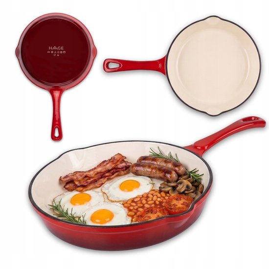 Hage - Poêle à frire - Poêle en fonte émaillée - Poêle à frire en fonte - Compatible induction, gaz et four - Ø20 x 4,5 cm - Rouge