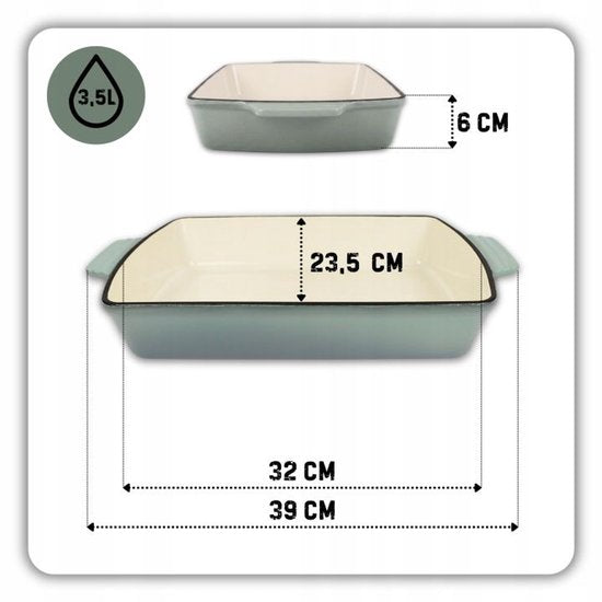 Hage - Backform - Auflaufform - Gusseiserne Auflaufform - Emaillierter Bräter mit Griffen - Geeignet für Induktion, Backofen & alle Herdarten - 3,5 Liter - 32 x 23,5 cm - Pastell-Blaugrün