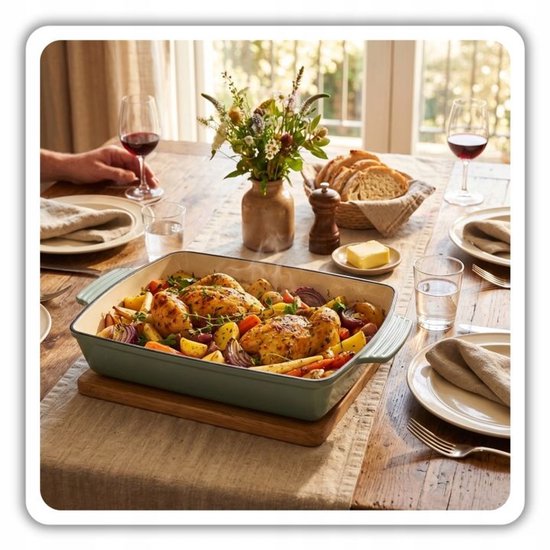 Hage - Backform - Auflaufform - Gusseiserne Auflaufform - Emaillierter Bräter mit Griffen - Geeignet für Induktion, Backofen & alle Herdarten - 3,5 Liter - 32 x 23,5 cm - Pastell-Blaugrün