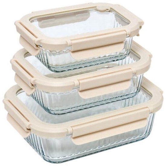 3-Delig Rechthoek Vershoudbakjes Glas - Glazen Bewaardozen - Lunchbox - Voedselbewaring - Luchtdichte Bewaarbakjes - Magnetron & Vaatwasser - 2. 05 Liter - Borosilicaatglas - Transparant